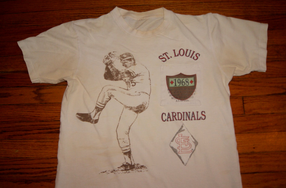 Vintage 90s St Louis Cardinals Bob Gibson 1968 AOP L TShirt Pocket Stained RARE!